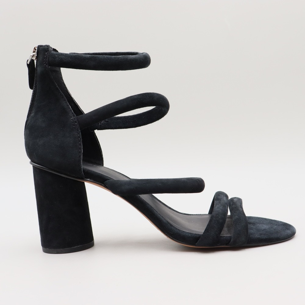 Rebecca Minkoff Andree Black Suede Strappy Block Heel Sandals Size 9 Rear Zip
